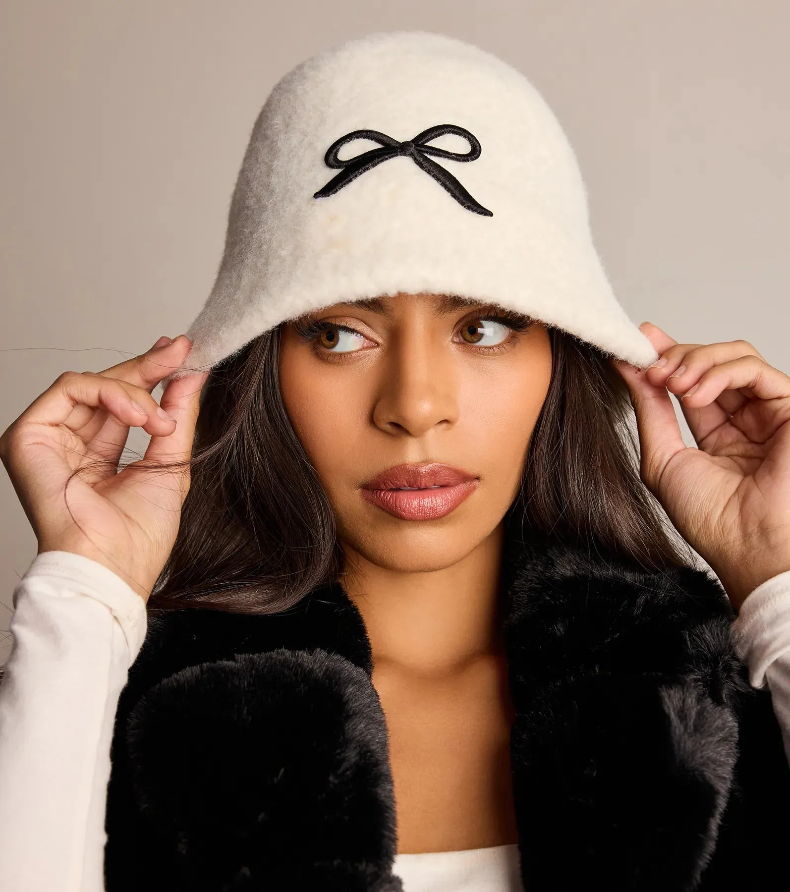 Adorably Cozy Bow Detail Faux Wool Bucket Hat
