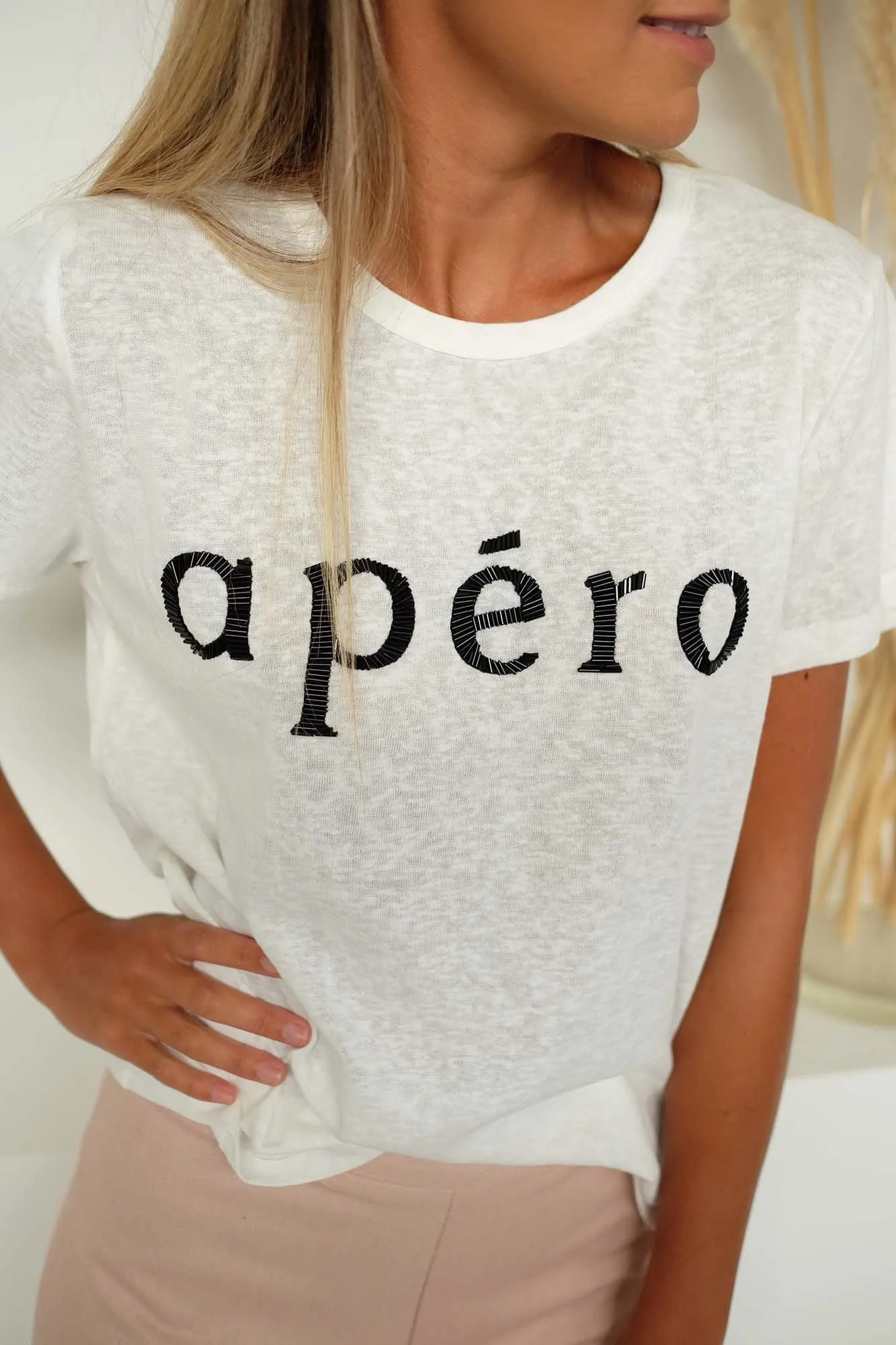 Apero Beaded Femme Tee White Black Bugle Bead