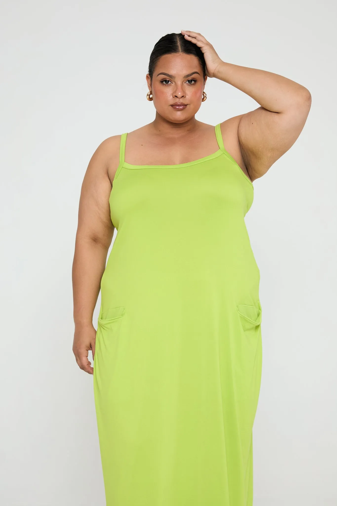 BASICS SZN Supersoft Jersey Strappy Maxi dress with Pockets in Lime