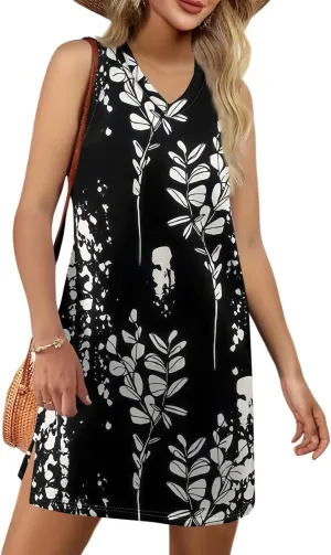 Beach Vacation Clothes for Women Summer Floral Print Dress V-Neck Casual Loose Sleeveless Short Sundress with Split