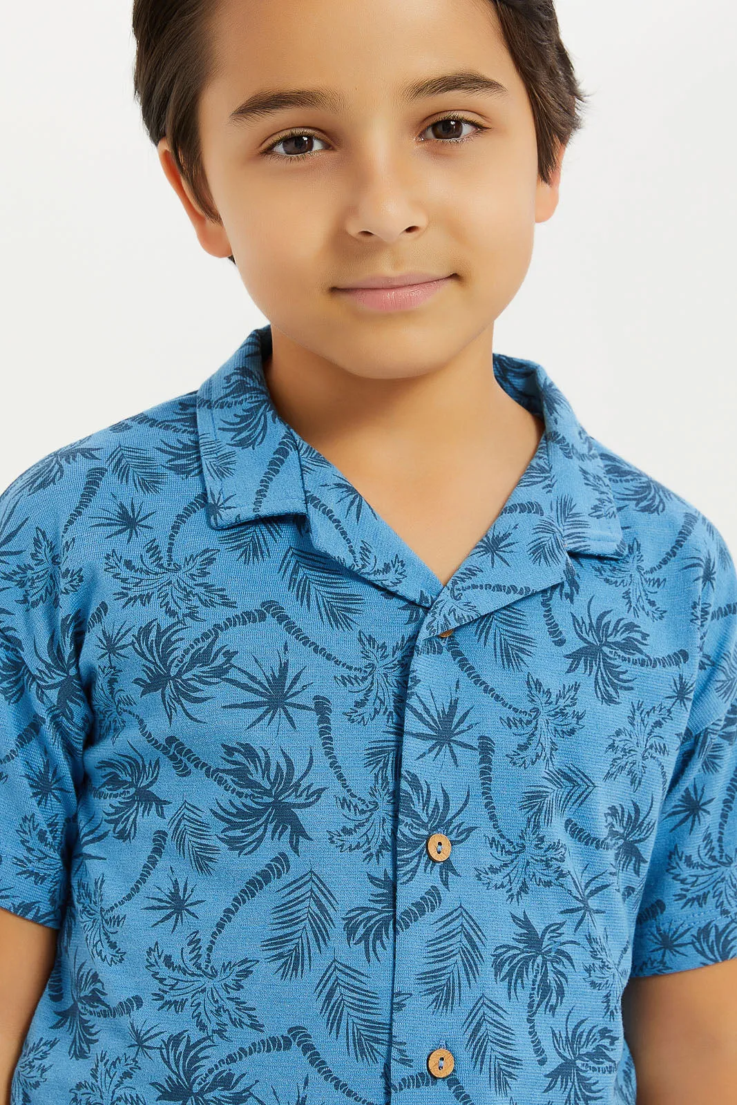 Boys Blue Printed Collared Shirt