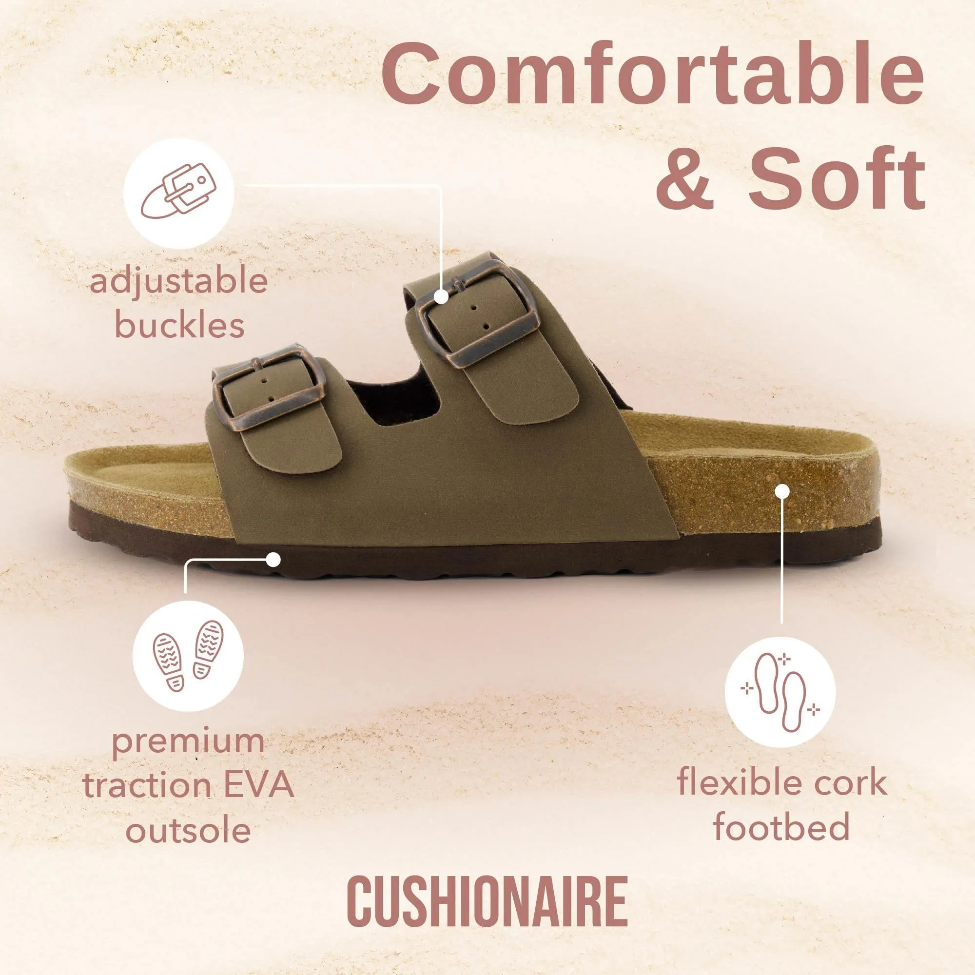CUSHIONAIRE Lane Cork Footbed Sandals for Women  Comfortable Double Buckle Slip-On with Genuine Suede Footbed & Arch Support Slides for Women Footwear, BROWN 7