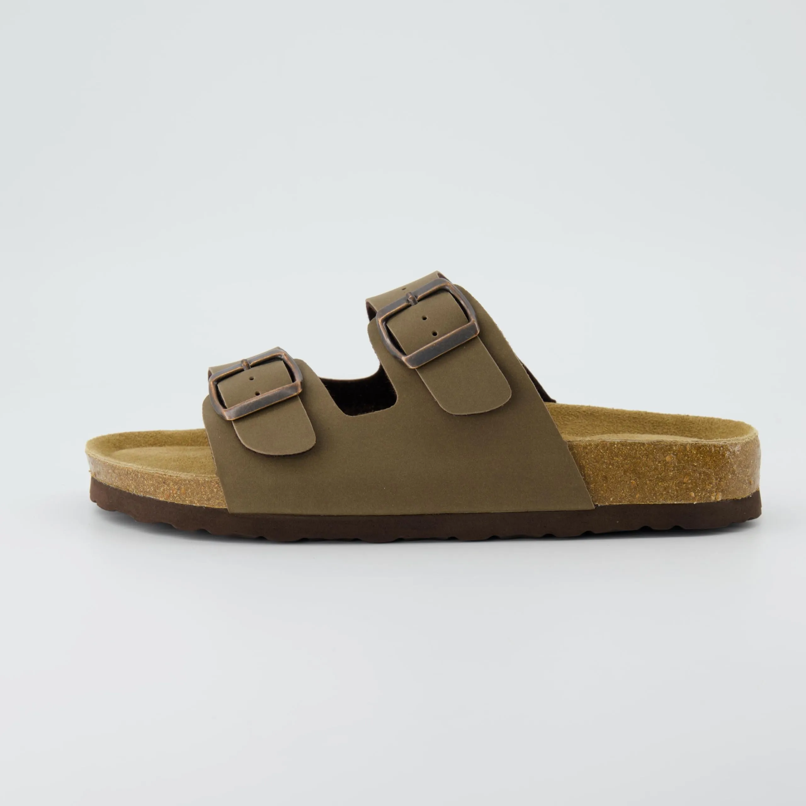 CUSHIONAIRE Lane Cork Footbed Sandals for Women  Comfortable Double Buckle Slip-On with Genuine Suede Footbed & Arch Support Slides for Women Footwear, BROWN 7