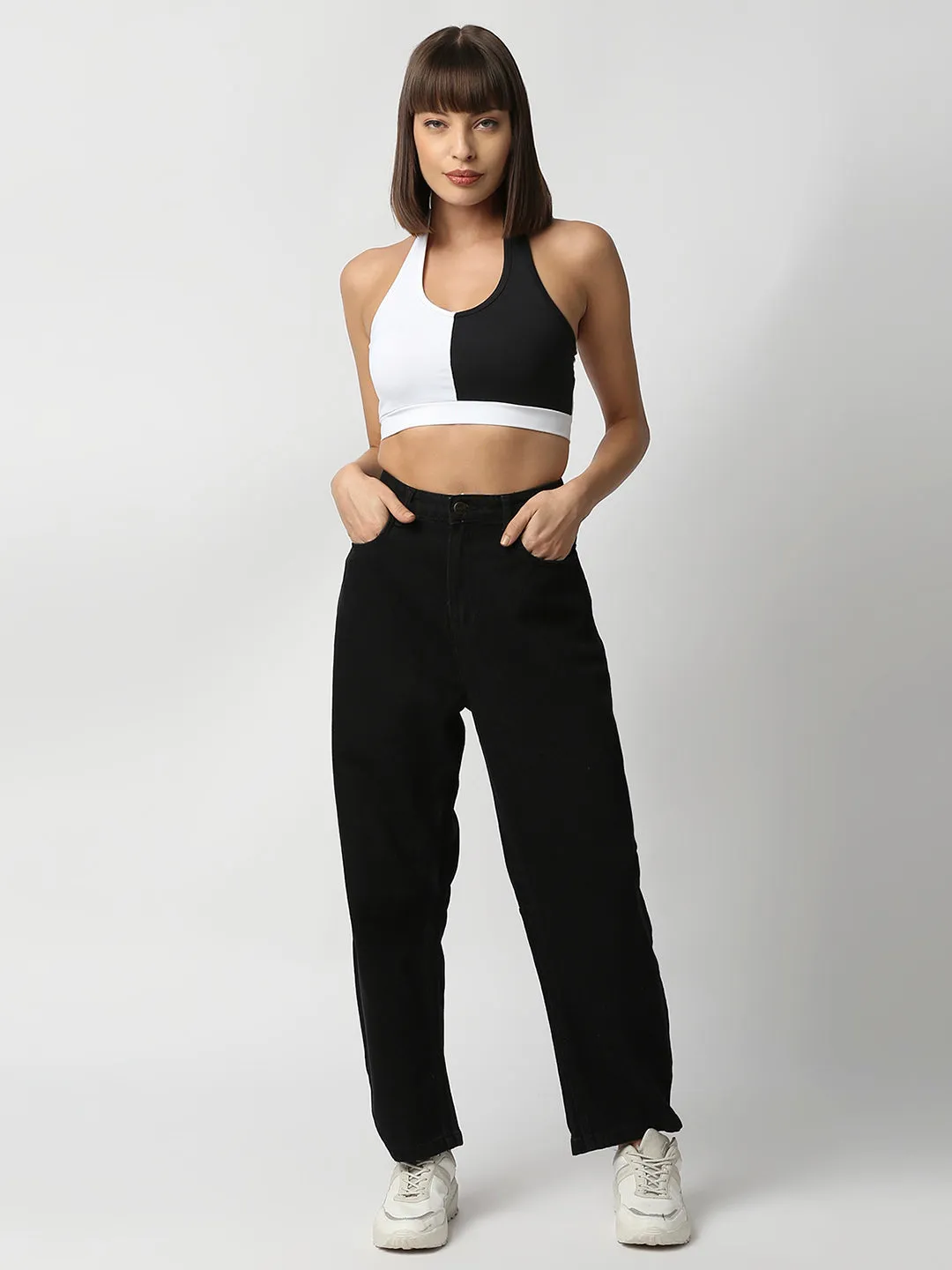 Disrupt Women Black and White Halter Neck Slim Fit Crop Top