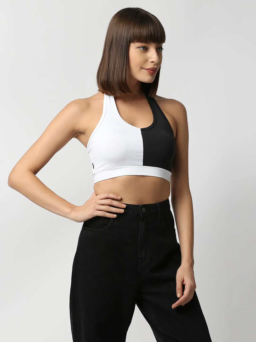 Disrupt Women Black and White Halter Neck Slim Fit Crop Top