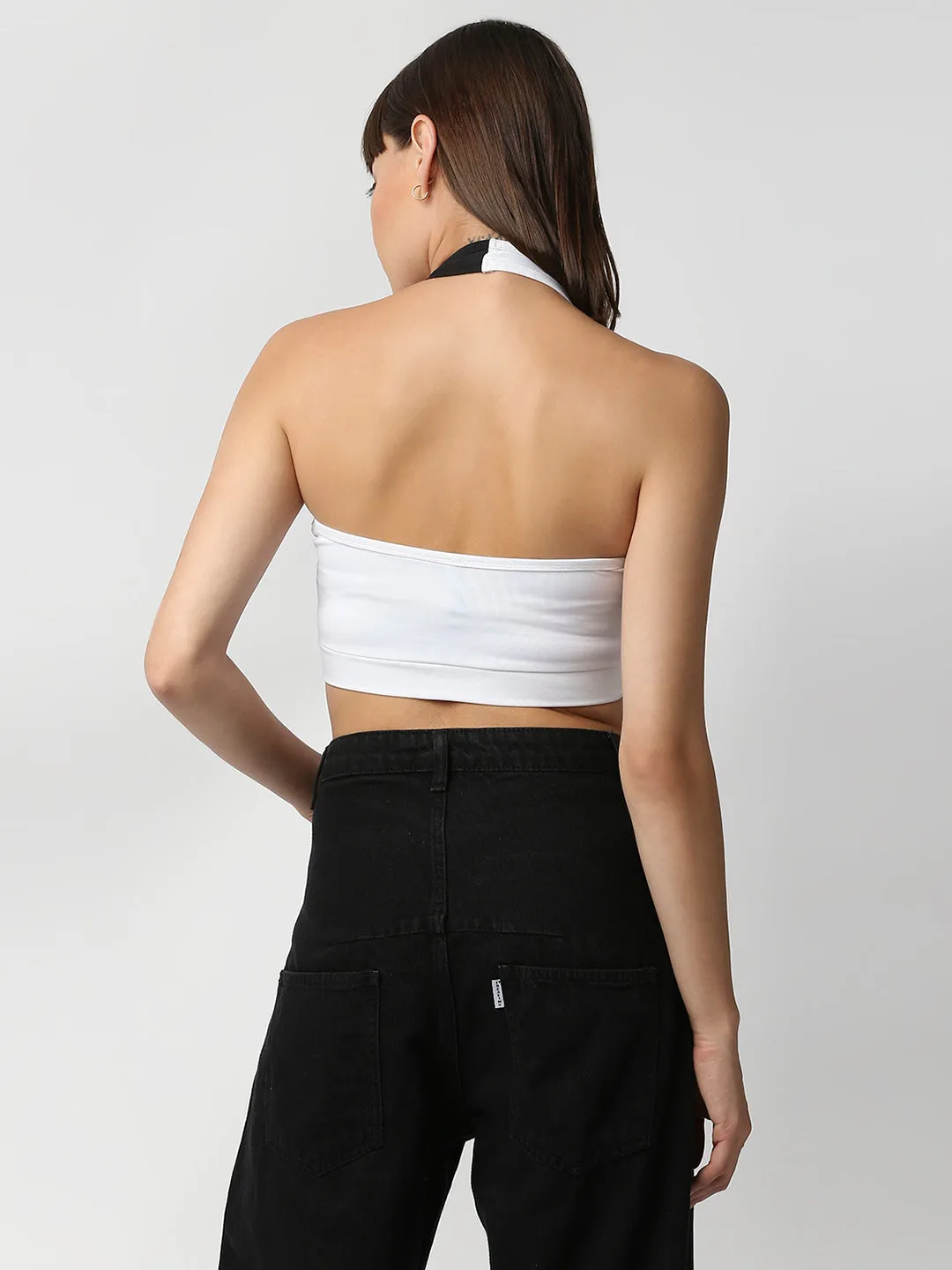 Disrupt Women Black and White Halter Neck Slim Fit Crop Top