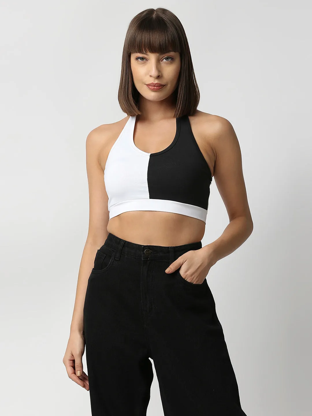 Disrupt Women Black and White Halter Neck Slim Fit Crop Top