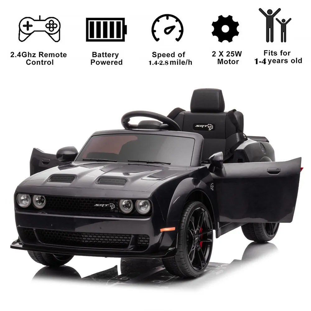 Dodge Challenger 12 V Powered Ride on Car with Remote Control, SRT Hellcat Toys for Kids, Black
