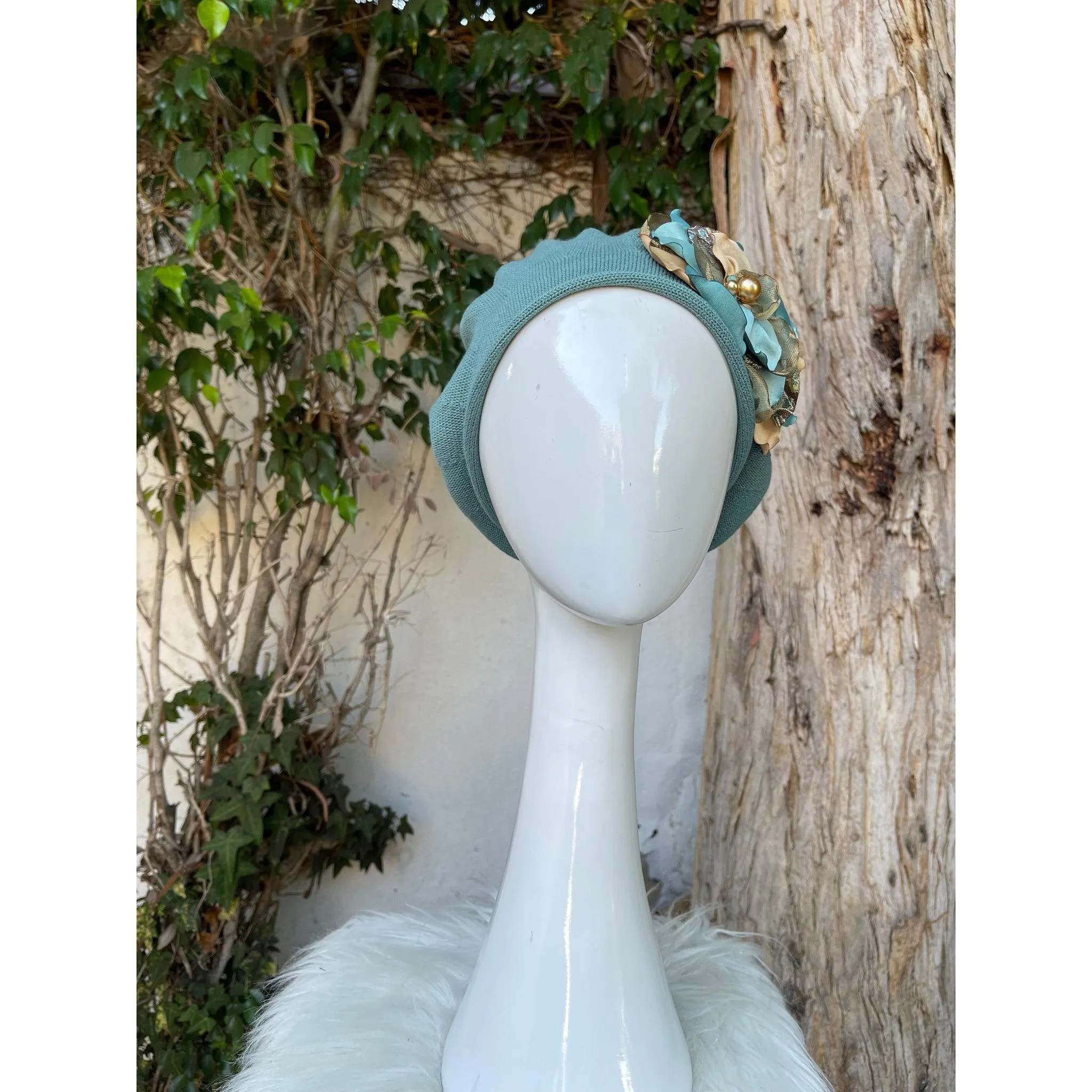 Embellished Cotton Beret - Medium/Large, Mint Petal Flower