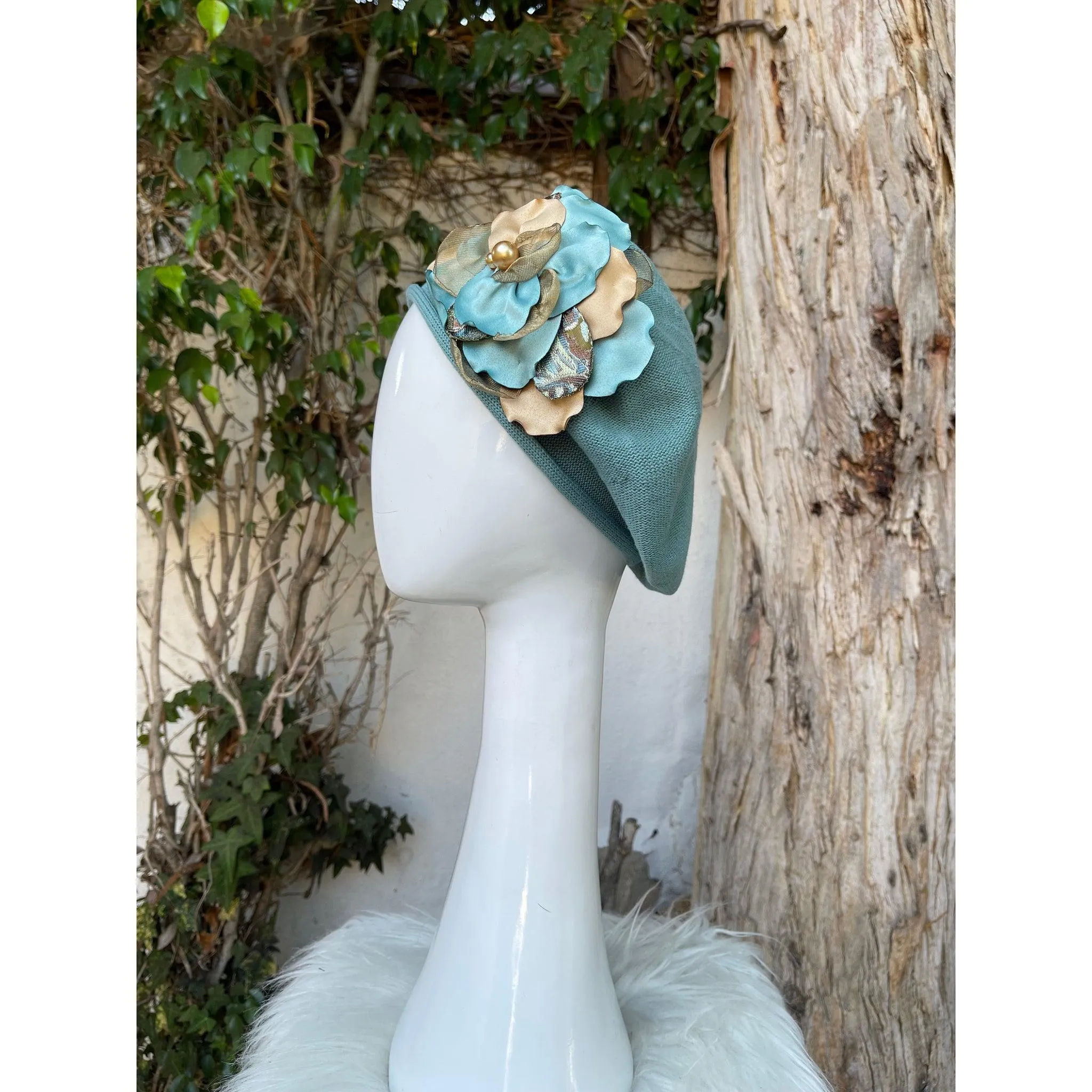Embellished Cotton Beret - Medium/Large, Mint Petal Flower