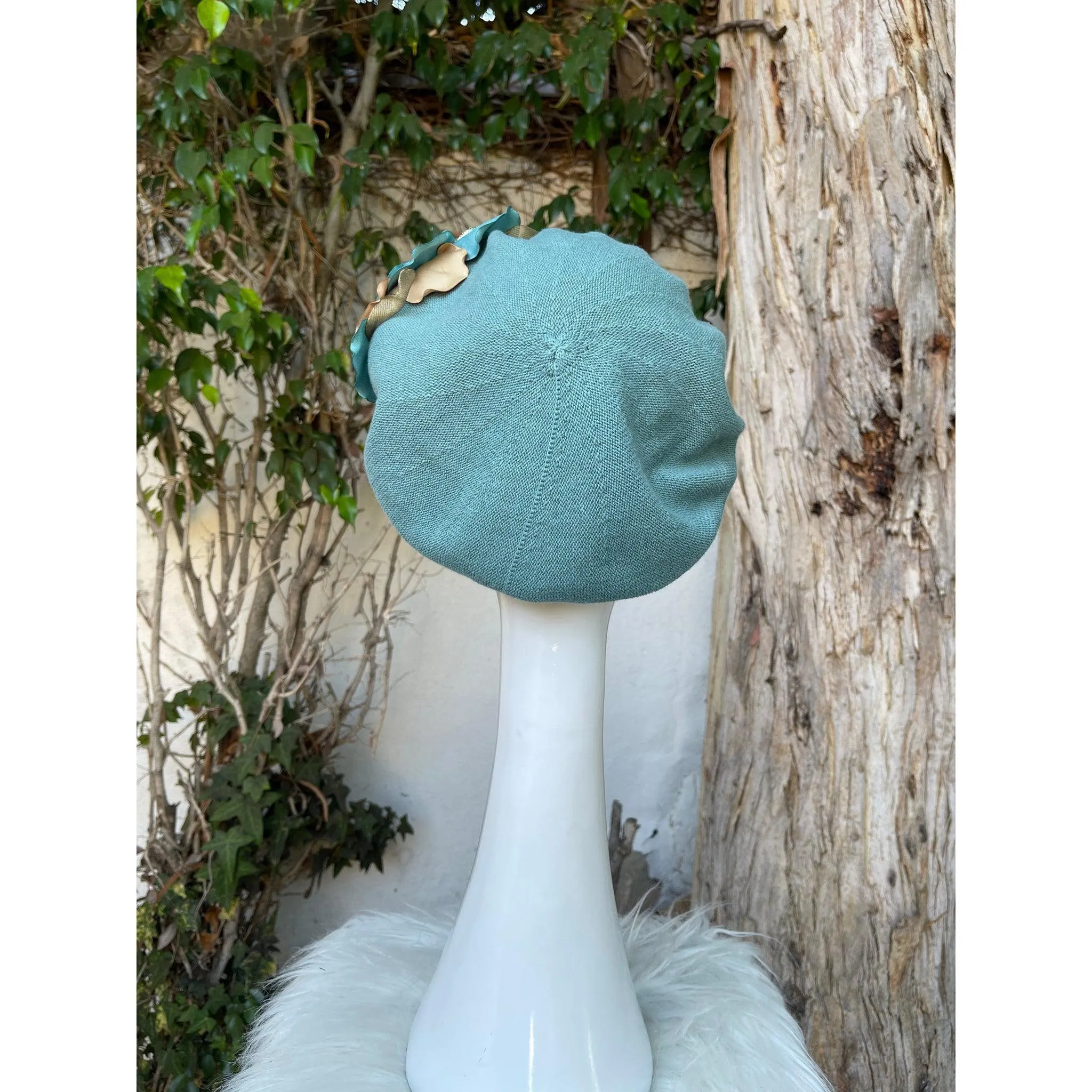 Embellished Cotton Beret - Medium/Large, Mint Petal Flower