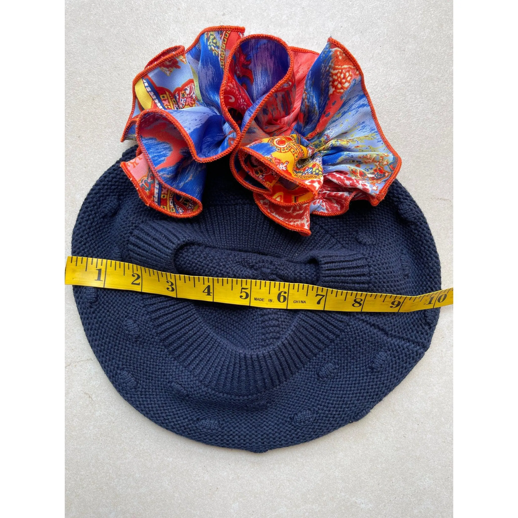 Embellished Cotton French Beret - Navy/Neutral