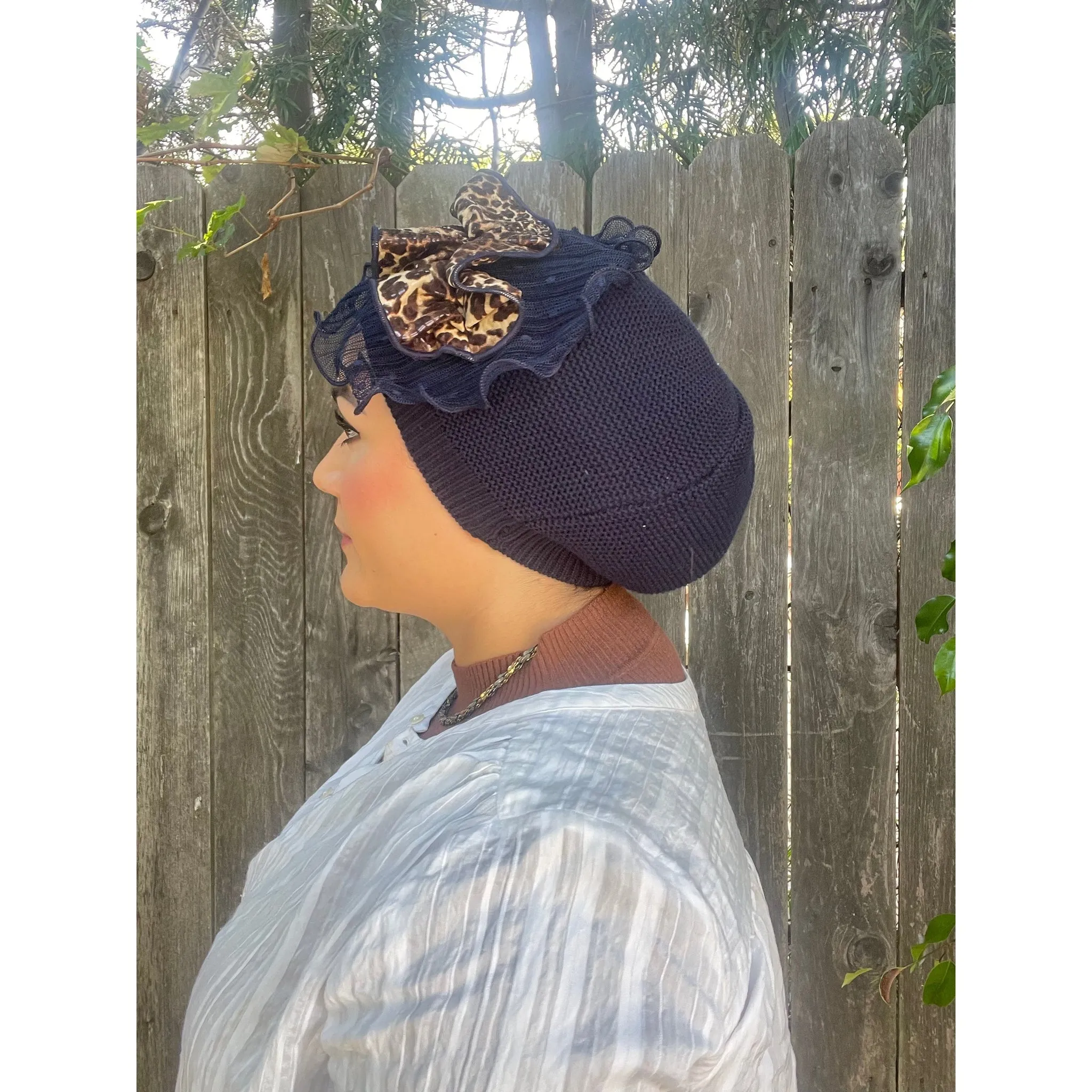 Embellished Cotton French Beret - Navy/Neutral