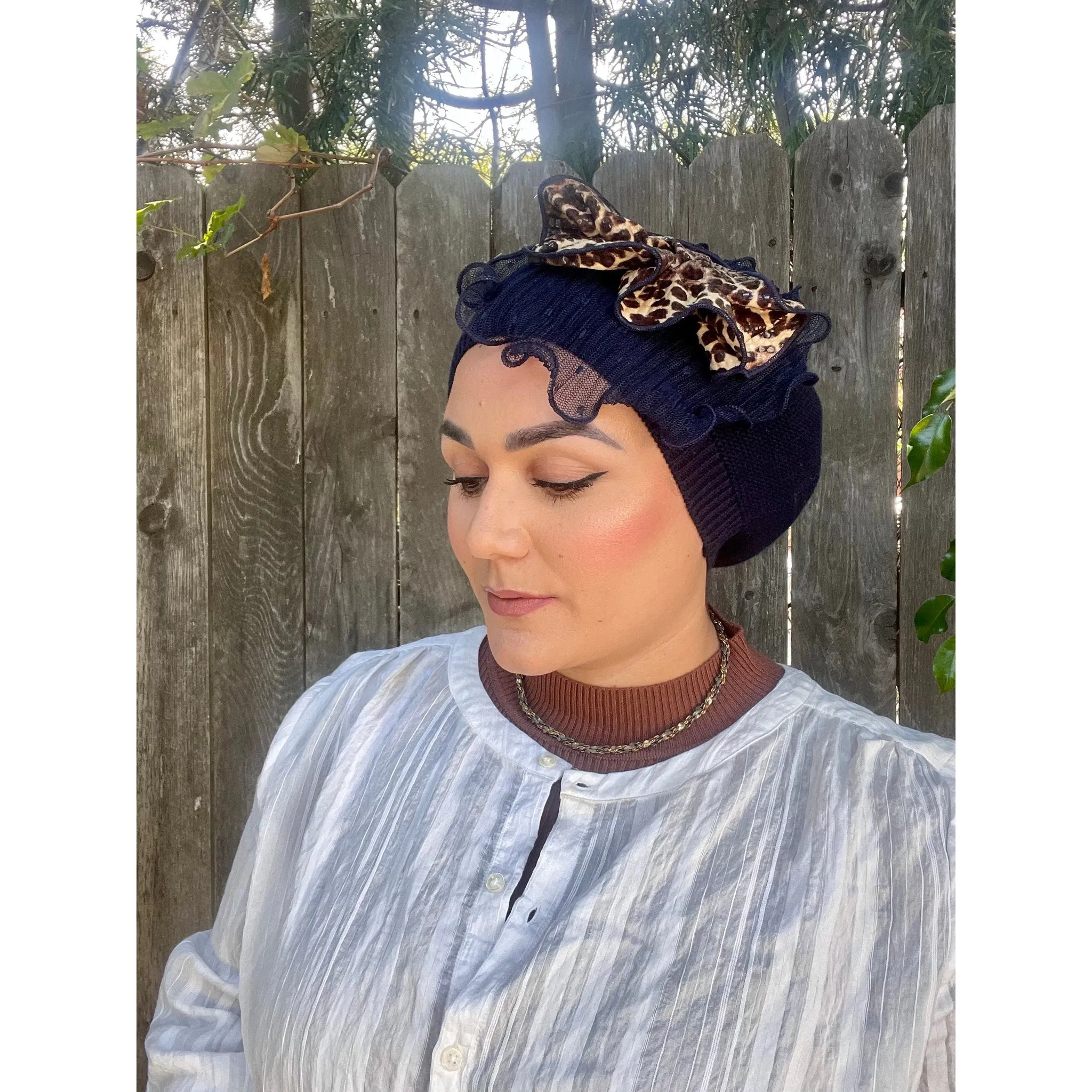 Embellished Cotton French Beret - Navy/Neutral