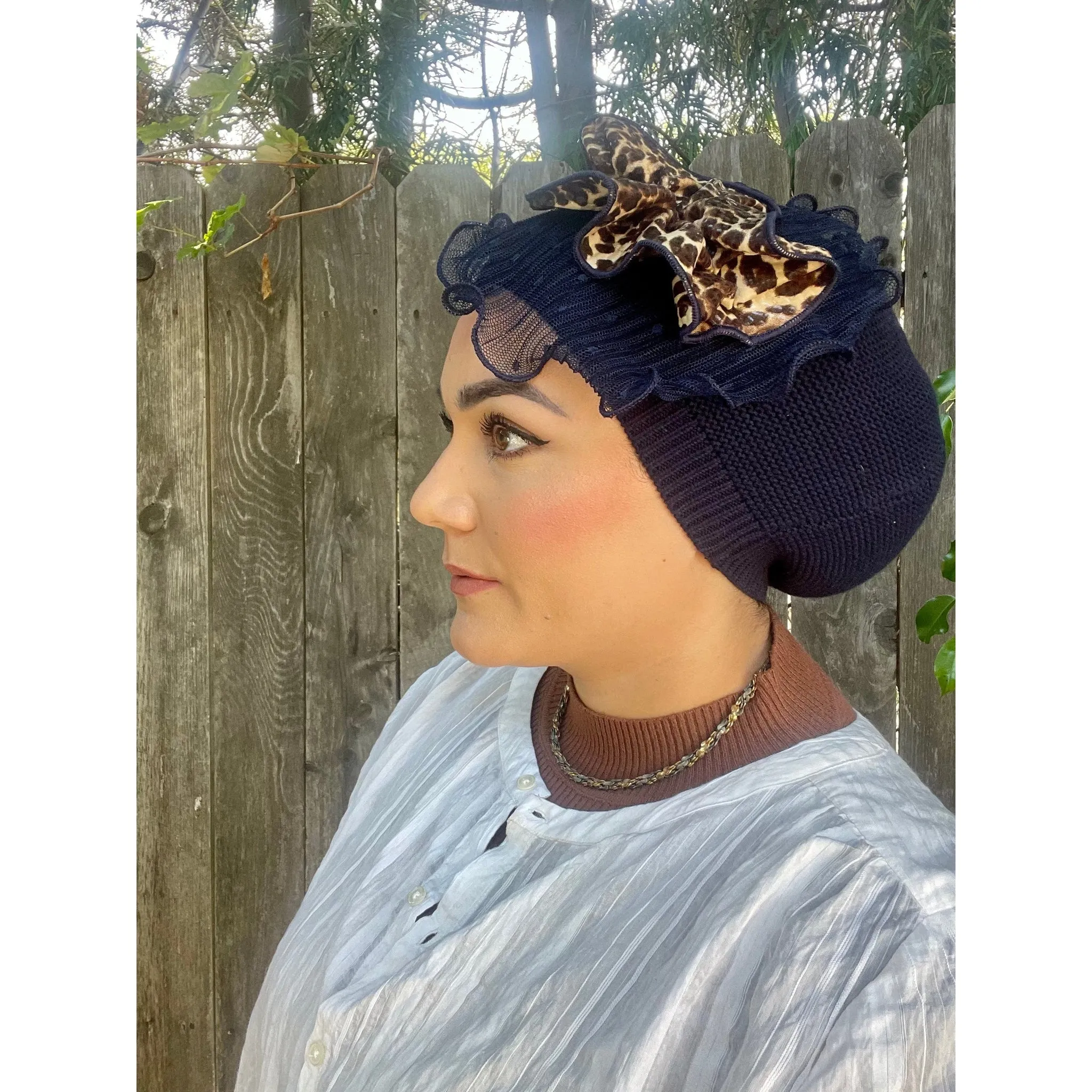 Embellished Cotton French Beret - Navy/Neutral