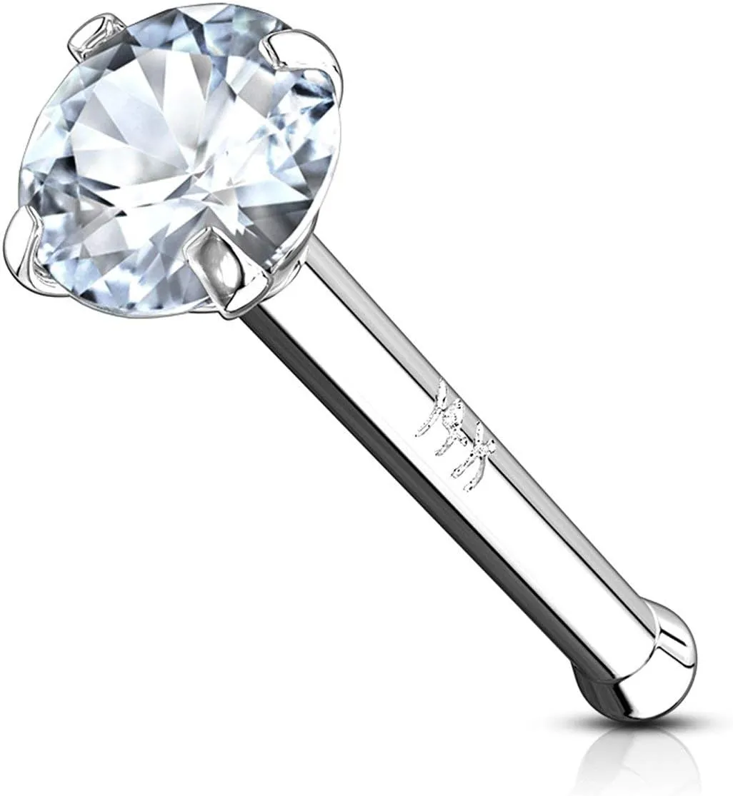Forbidden Body Jewelry 14k Gold Nose Ring, 20g, Solid 6mm Stud, 2mm CZ Simulated Diamond, Non-Irritating Skin Safe Real Gold, Women and Men