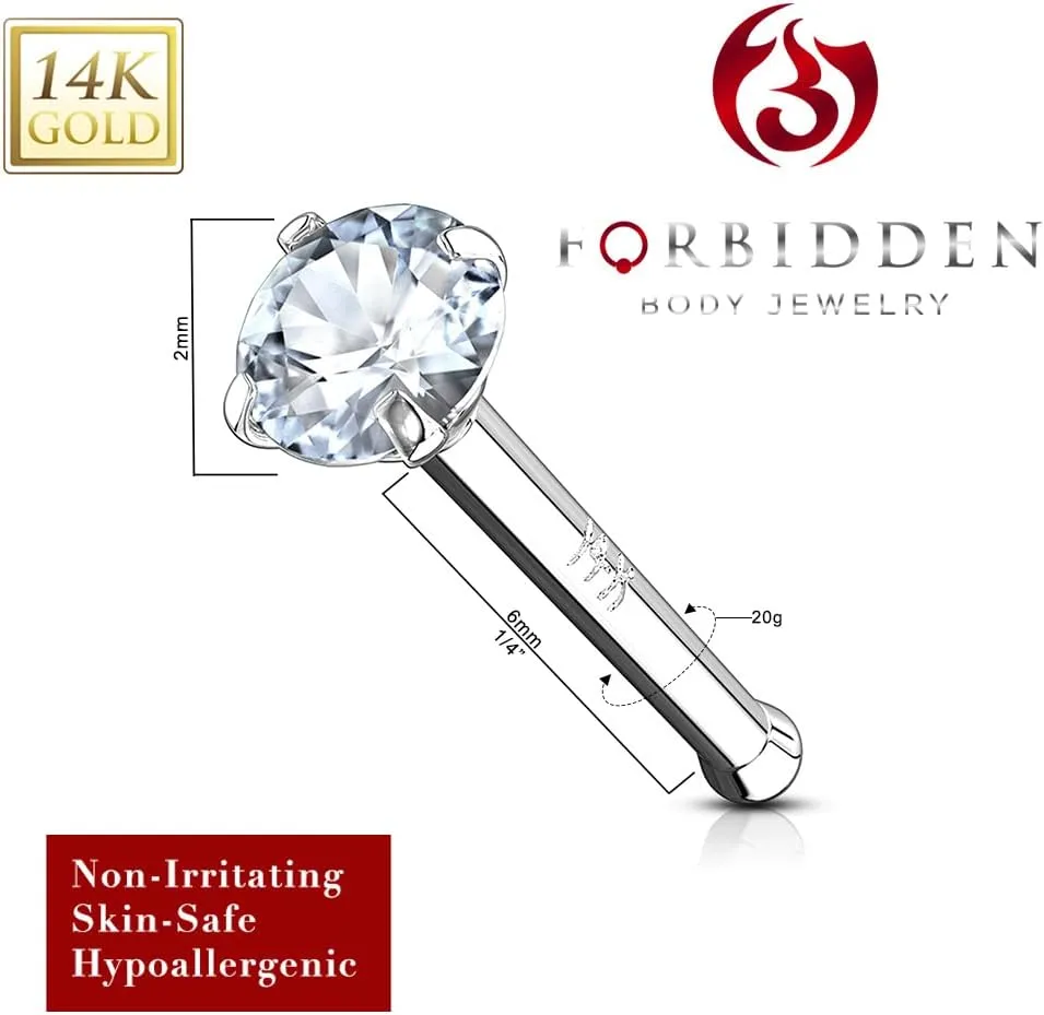 Forbidden Body Jewelry 14k Gold Nose Ring, 20g, Solid 6mm Stud, 2mm CZ Simulated Diamond, Non-Irritating Skin Safe Real Gold, Women and Men