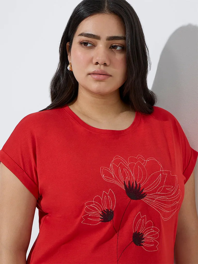 Gia Red Floral Embroidered Cotton T-Shirt