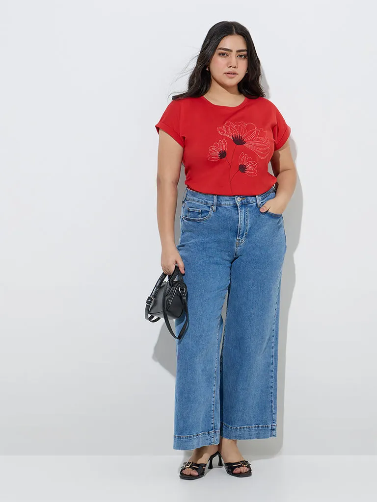 Gia Red Floral Embroidered Cotton T-Shirt