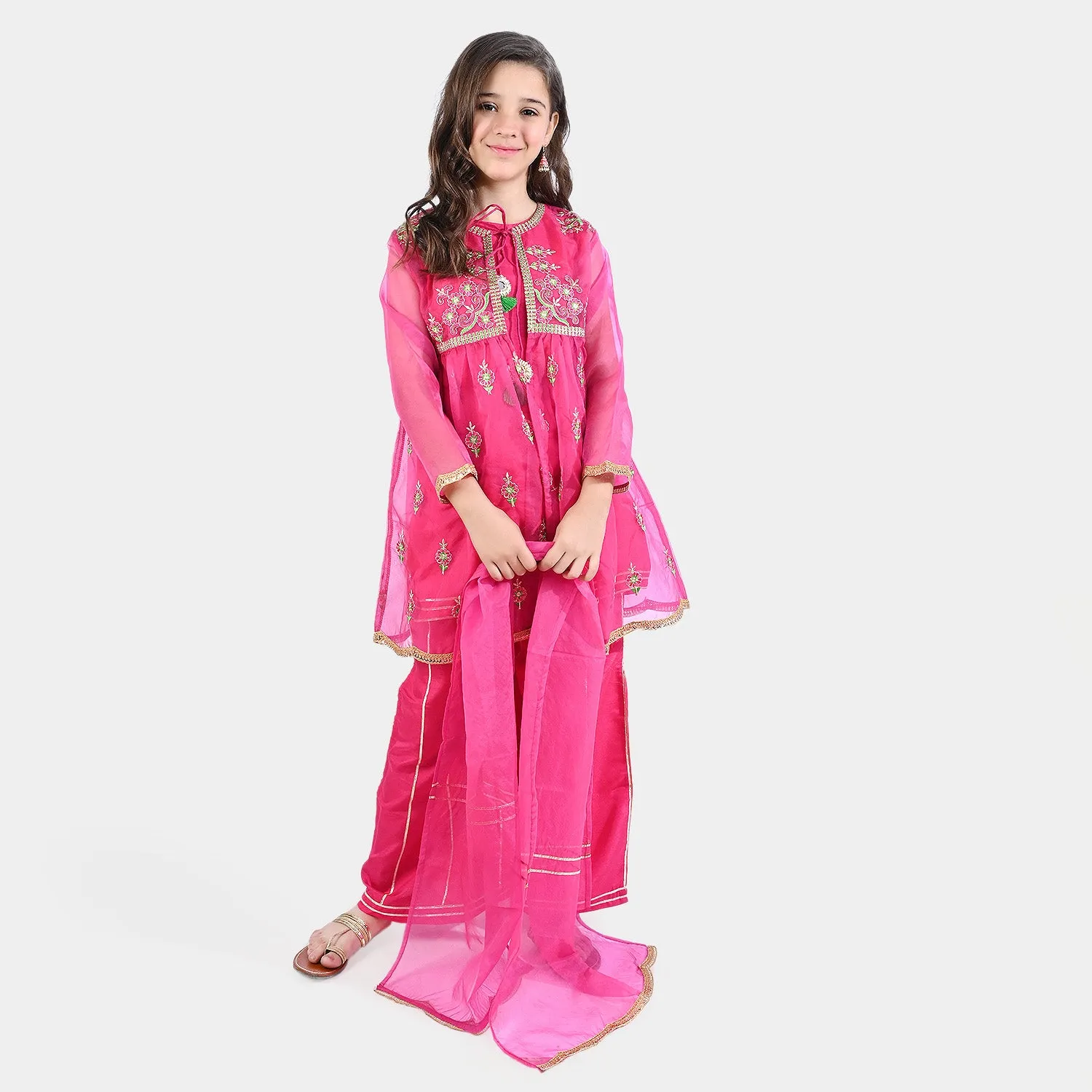 Girls Organza 4PC Suit Khwaab-Hot Pink