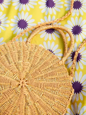 Golden Straw Circle Tote