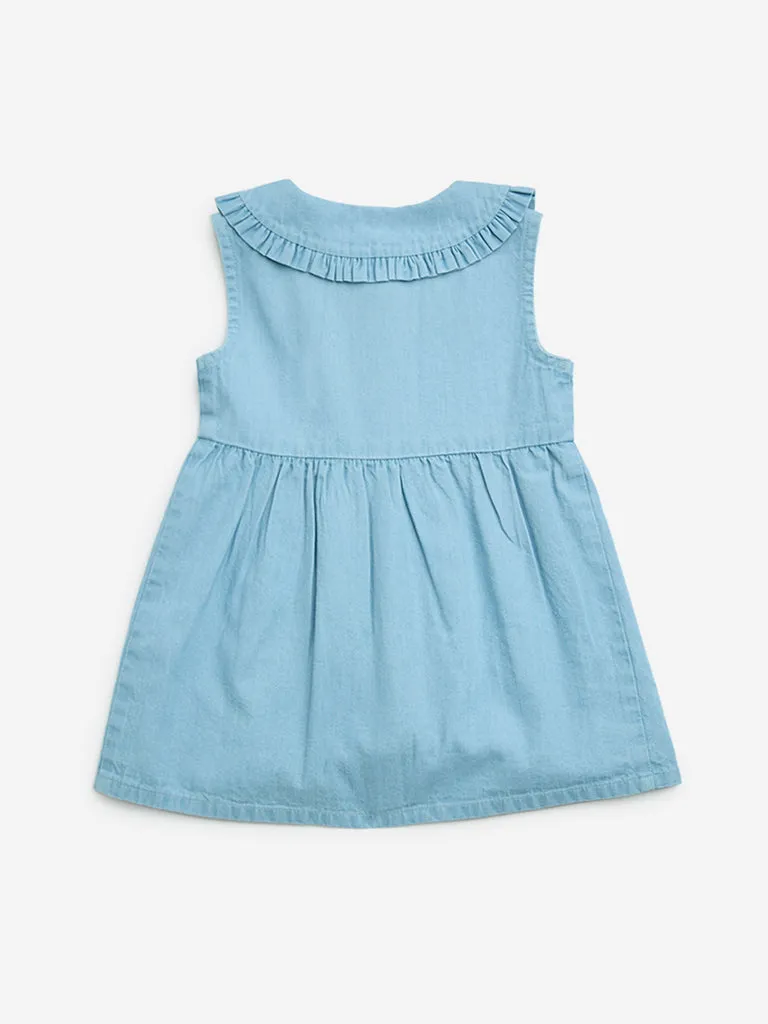 HOP Baby Blue Embroidered Denim A-Line Dress