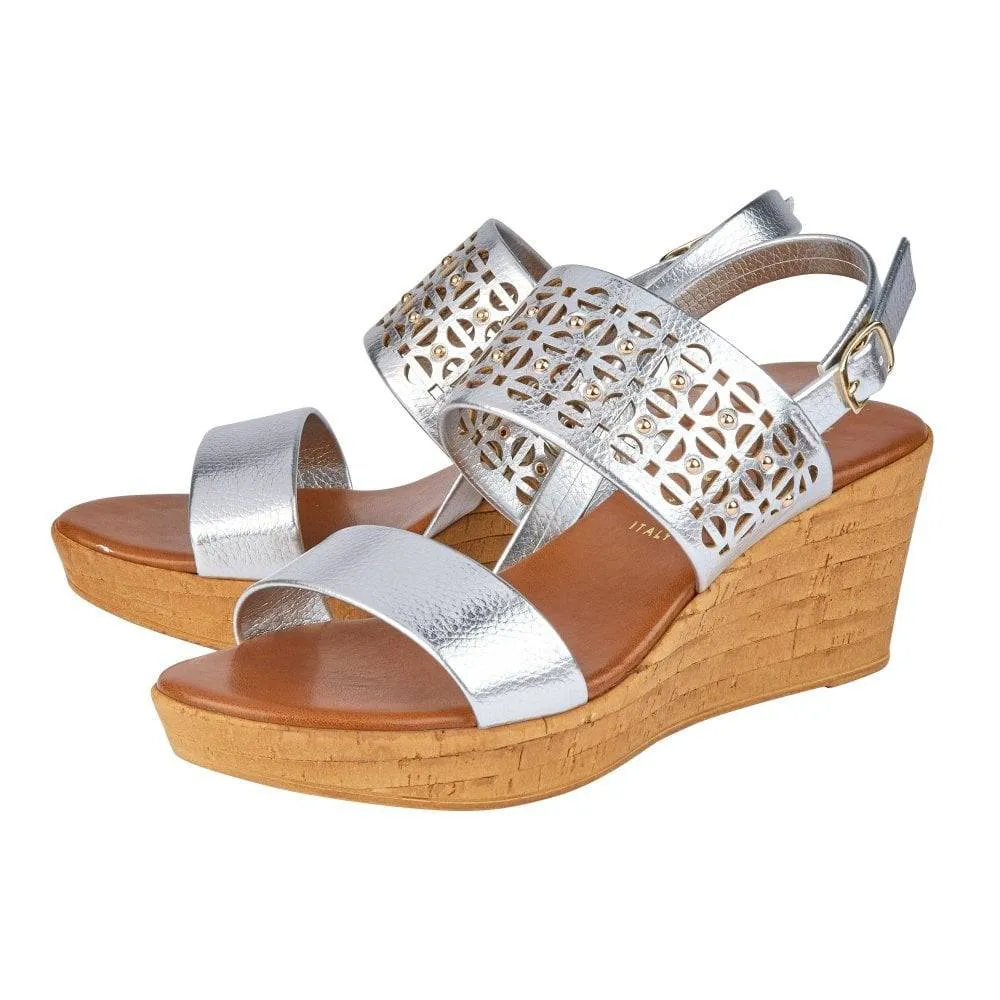 Lotus silver cut out & stud detail wedge sandal