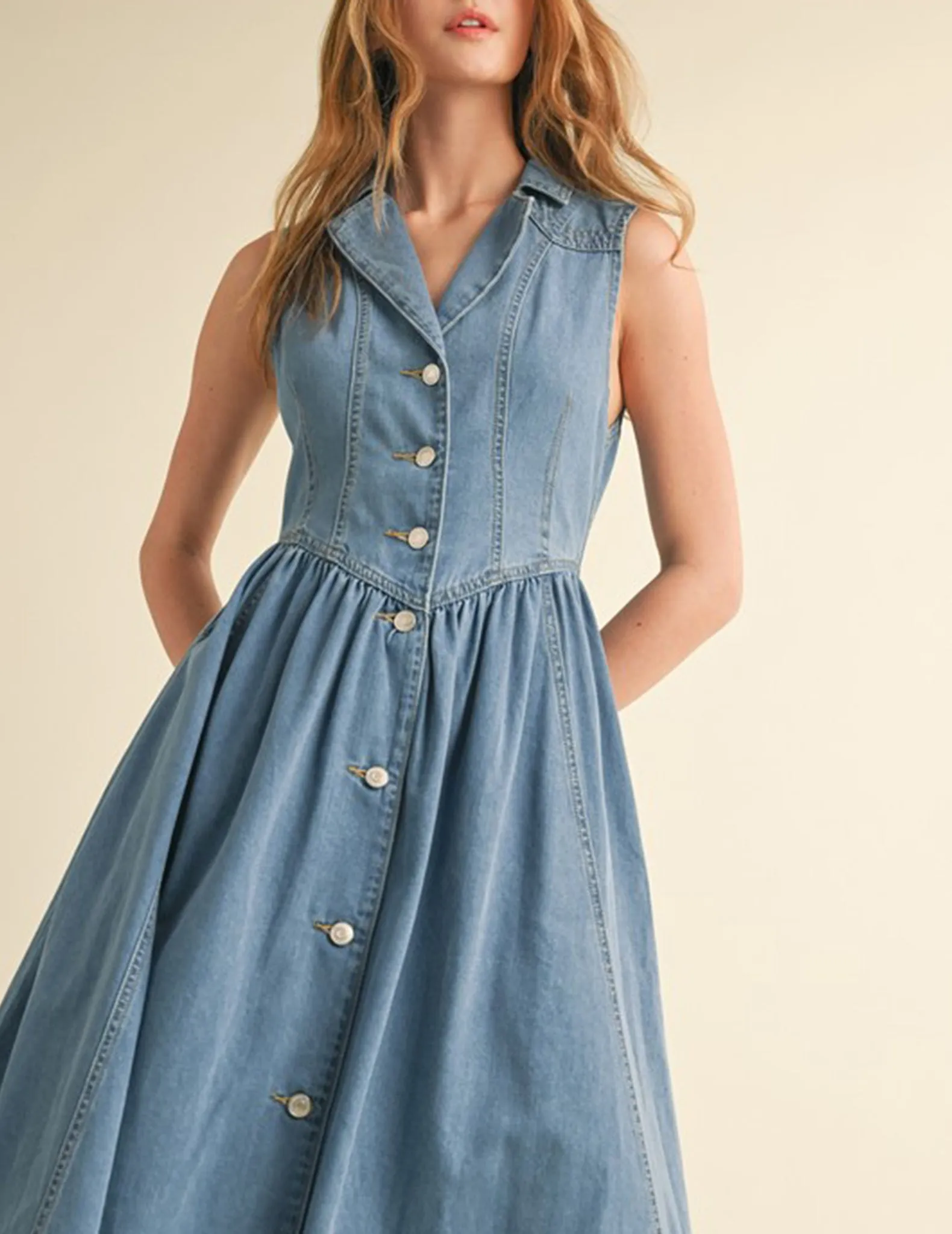 Meera Buttoned Basque Waist Denim Dress