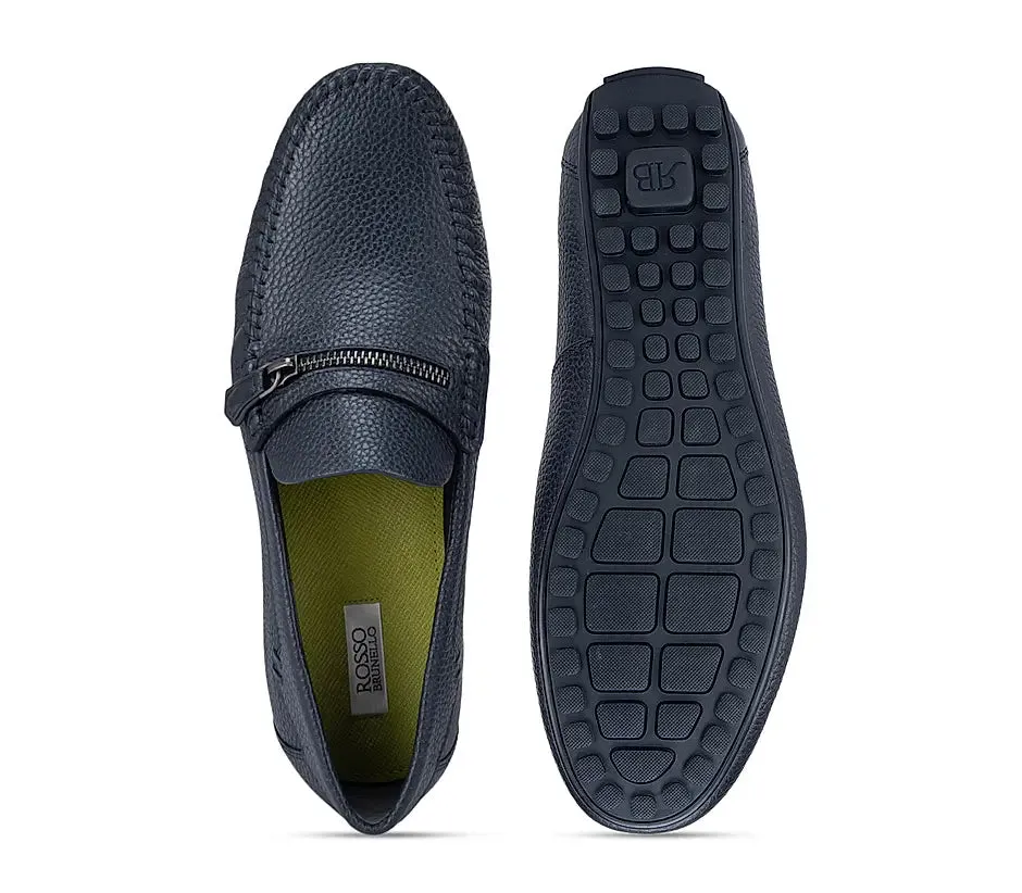 Navy Textured Moccasins With Zipper Detail