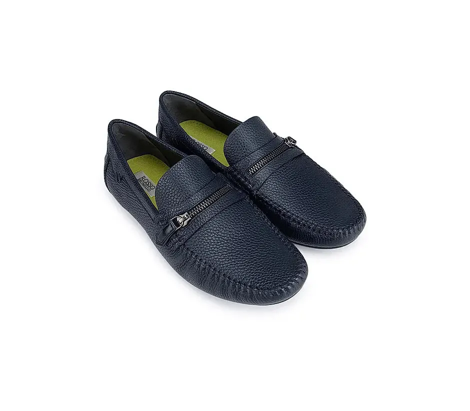 Navy Textured Moccasins With Zipper Detail