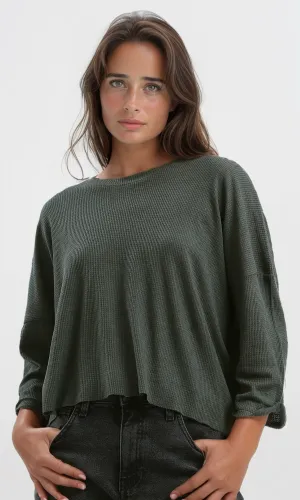O179649 Ribbed Khaki Loose Short Top With 3/4 Sleeves