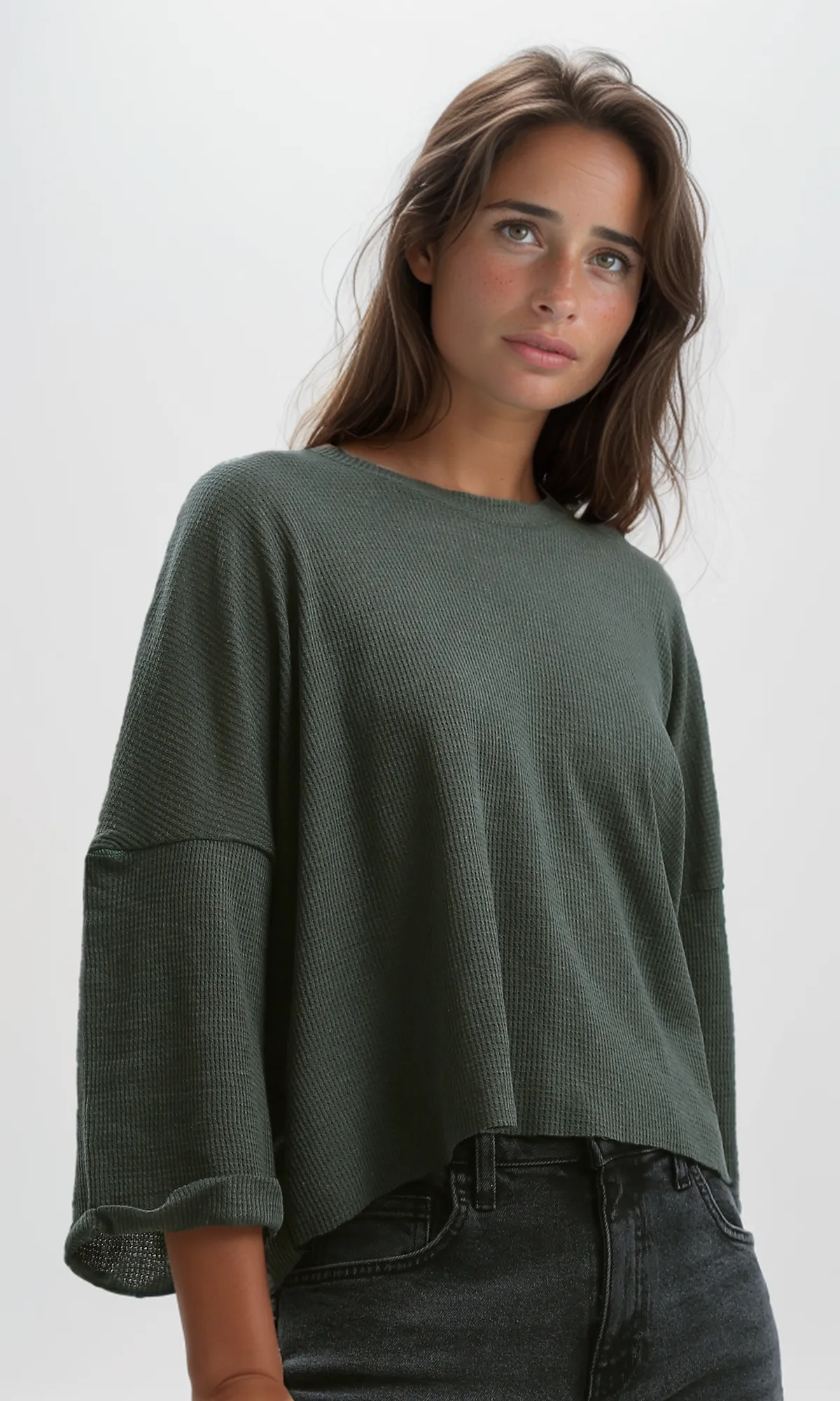 O179649 Ribbed Khaki Loose Short Top With 3/4 Sleeves