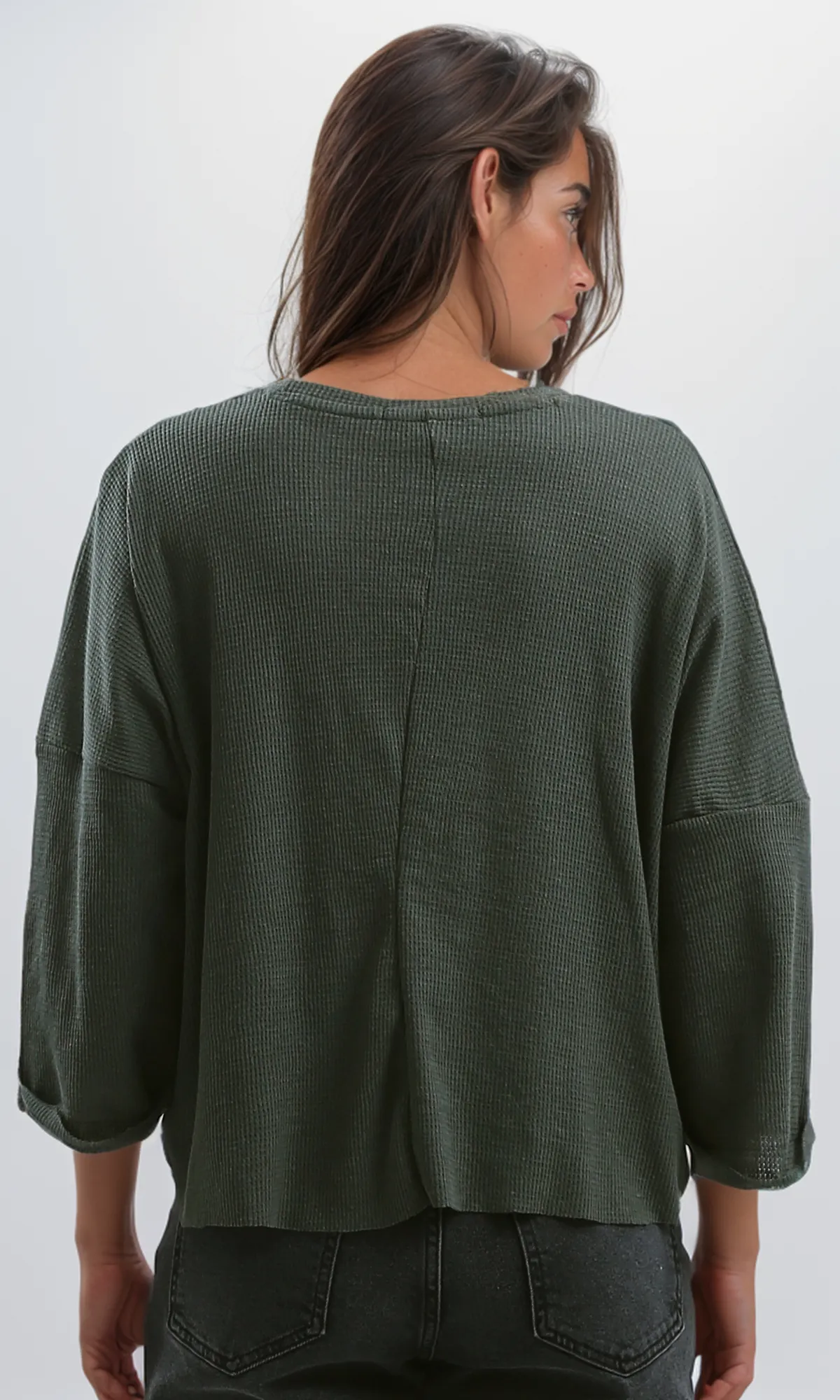 O179649 Ribbed Khaki Loose Short Top With 3/4 Sleeves