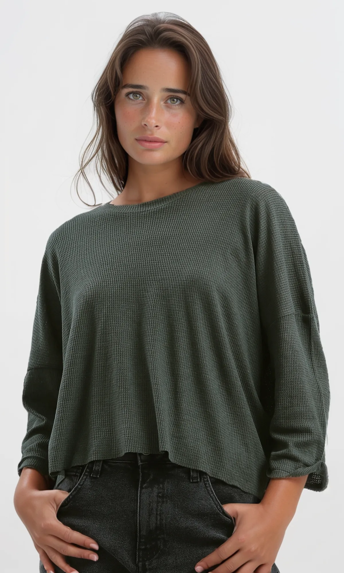O179649 Ribbed Khaki Loose Short Top With 3/4 Sleeves