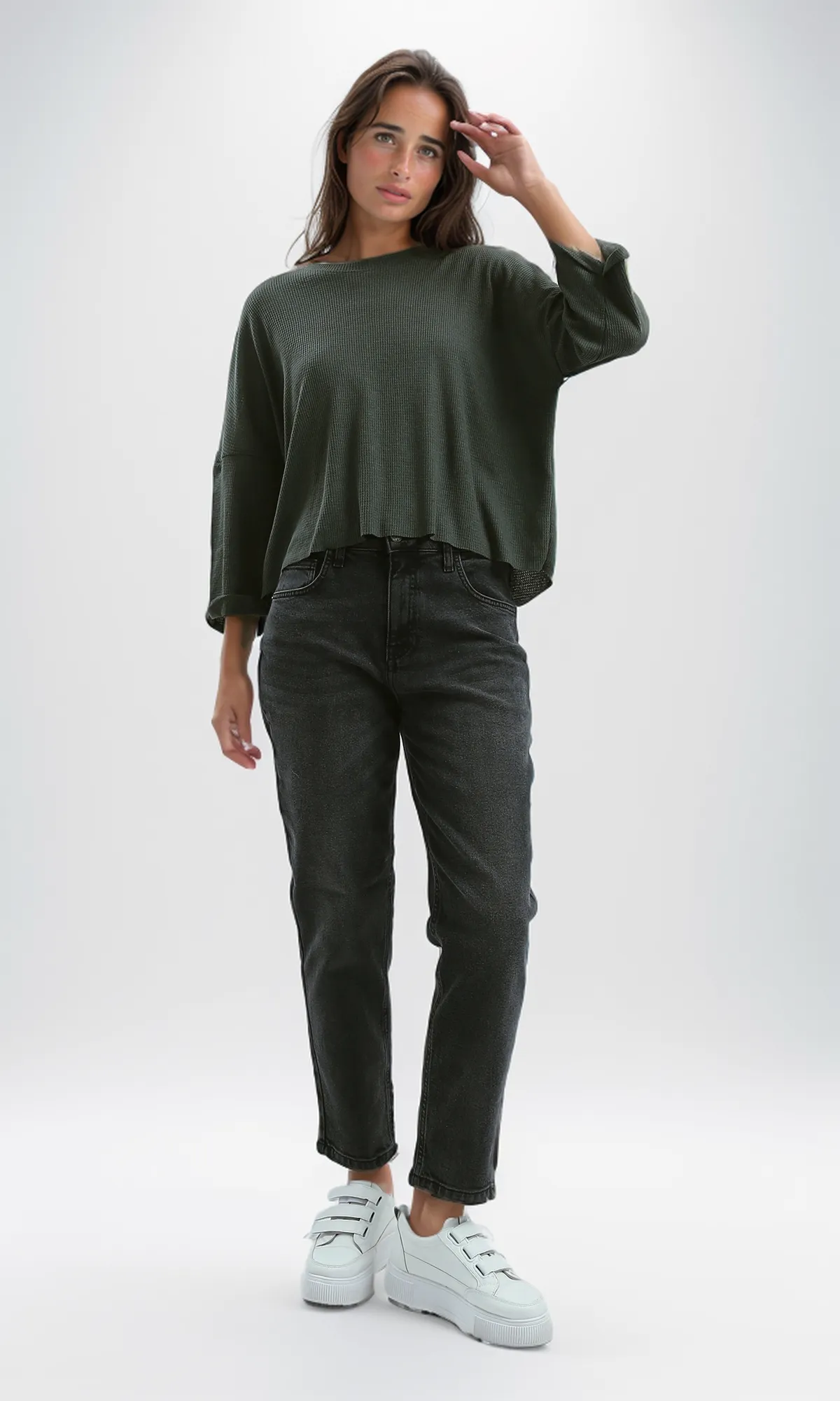 O179649 Ribbed Khaki Loose Short Top With 3/4 Sleeves
