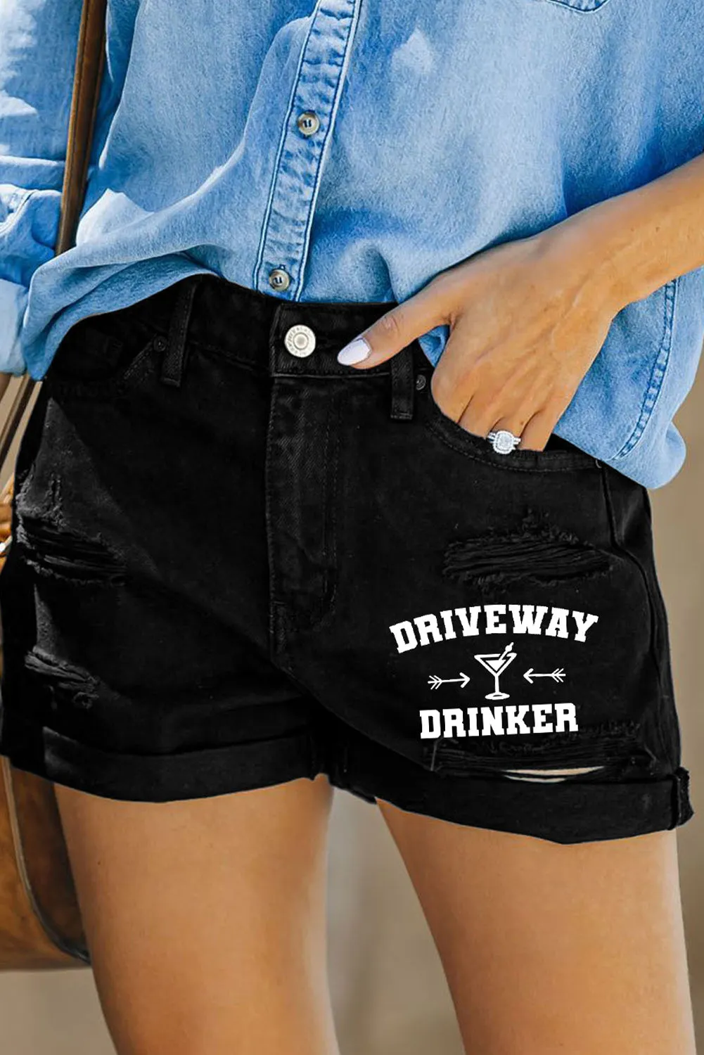 Rolled-up High Waist Distressed Denim Shorts