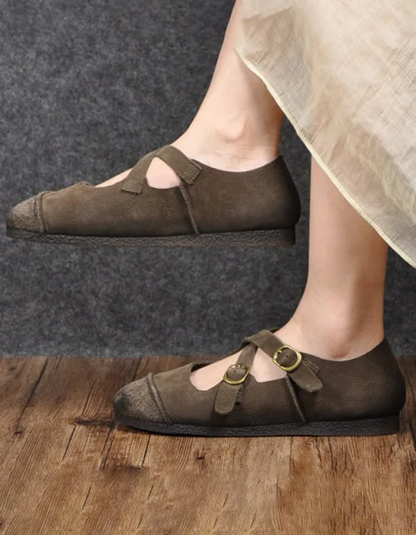 Round Head Cross Buckle Soft Leather Retro Flats