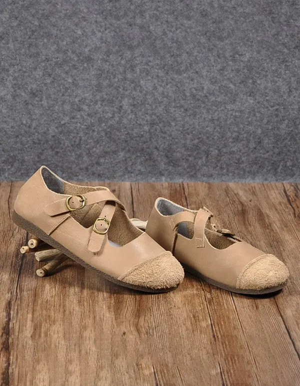 Round Head Cross Buckle Soft Leather Retro Flats