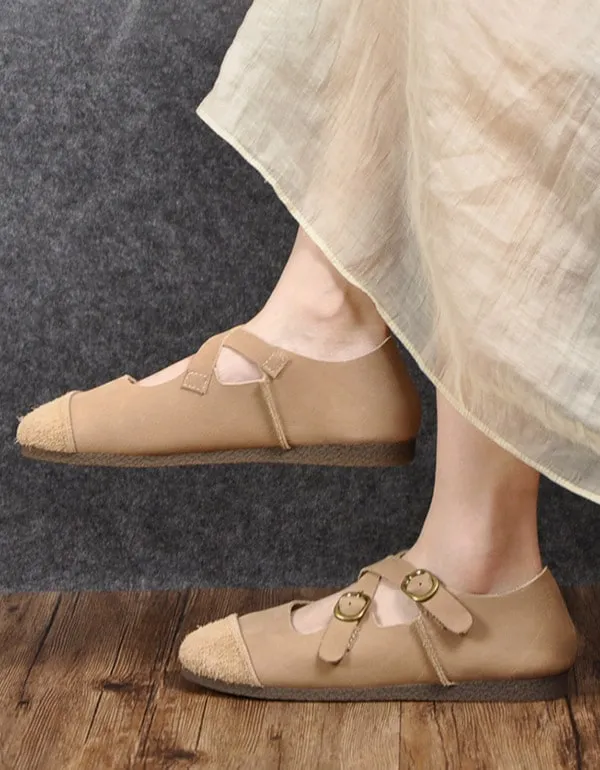 Round Head Cross Buckle Soft Leather Retro Flats