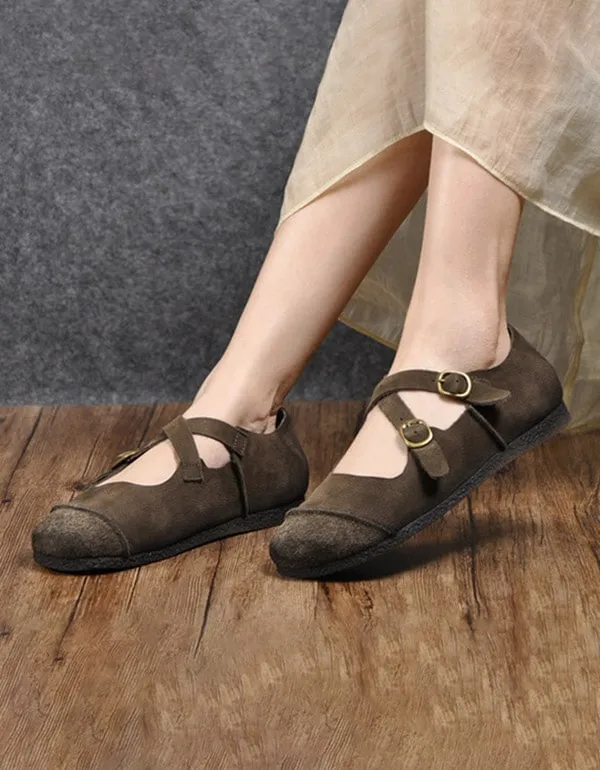Round Head Cross Buckle Soft Leather Retro Flats