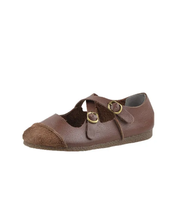 Round Head Cross Buckle Soft Leather Retro Flats
