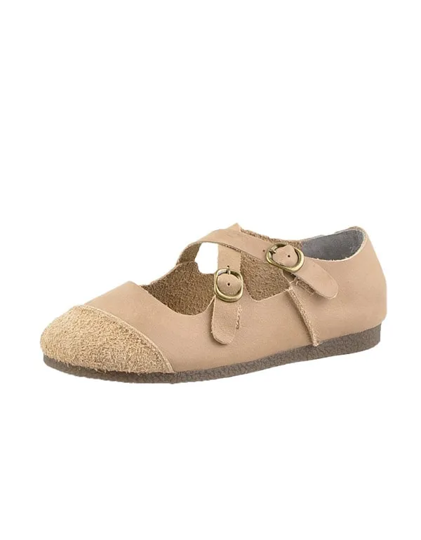 Round Head Cross Buckle Soft Leather Retro Flats
