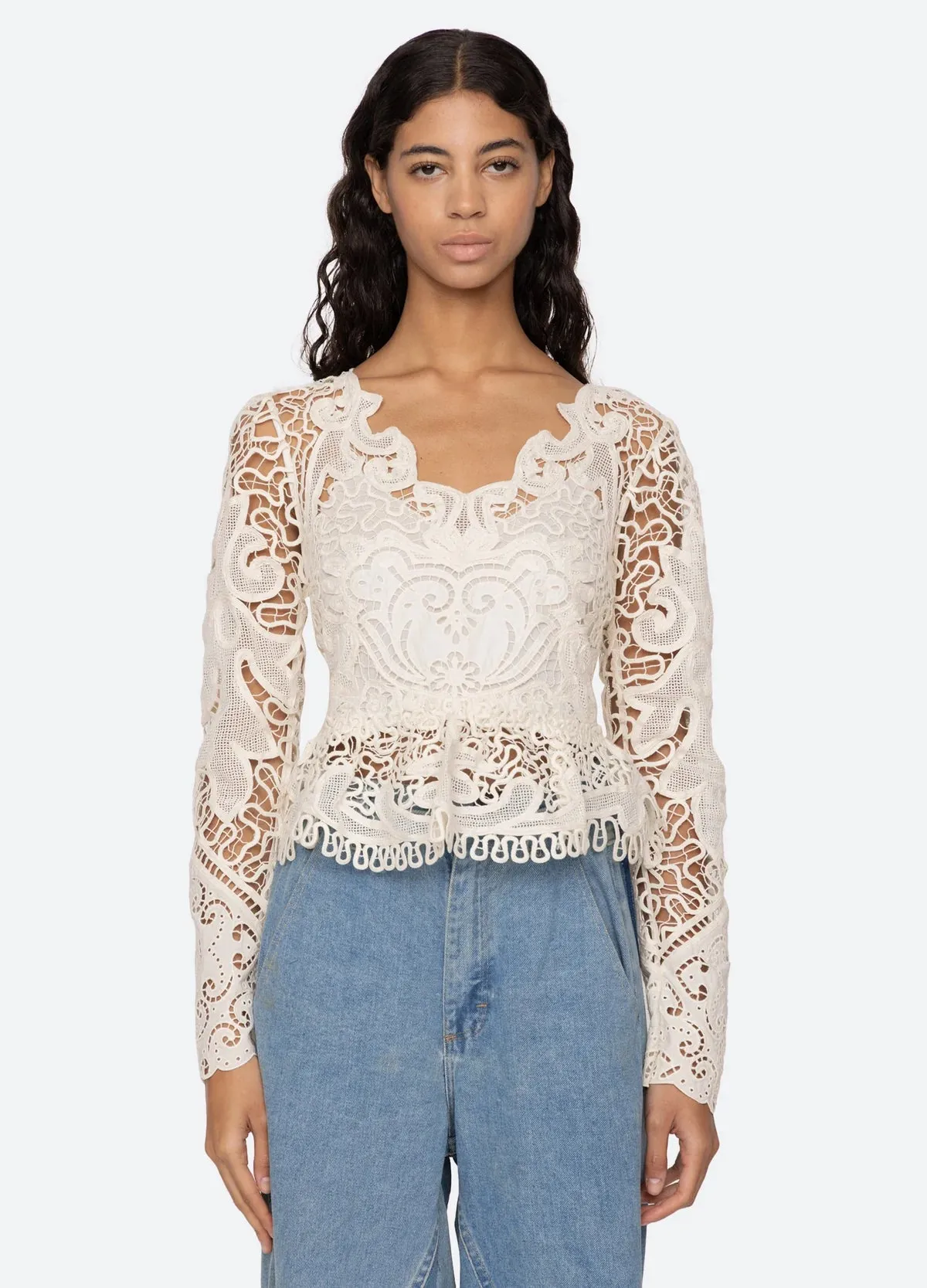 Sea NY Gianna Lace Longsleeve Top Bone