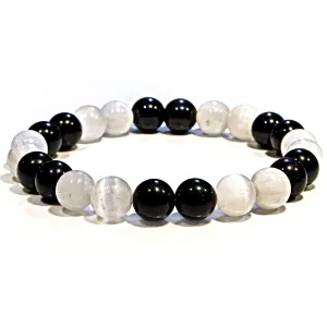Selenite & Black Tourmaline Crystal Bracelet - Spiritual Healing & Protection, Energy Balance & Flow, Natural Stone for Clarity, Serenity, Grounding, Cleansing
