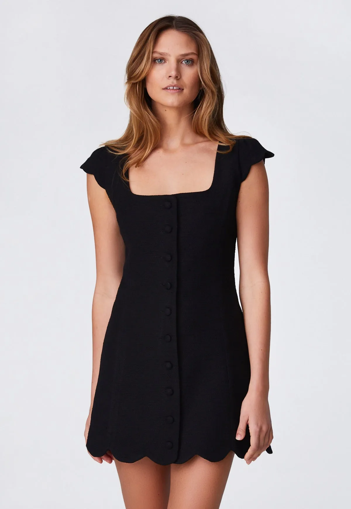 THE SCALLOP MINI DRESS in BLACK TEXTURED COTTON