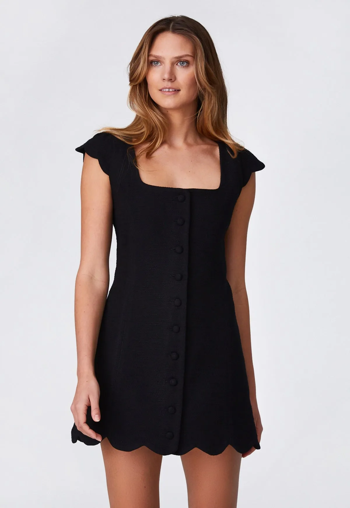 THE SCALLOP MINI DRESS in BLACK TEXTURED COTTON