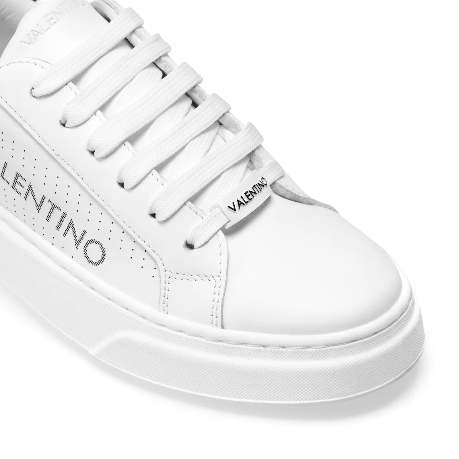 VALENTINO Lace Up Sneaker in white hide and silver inlay