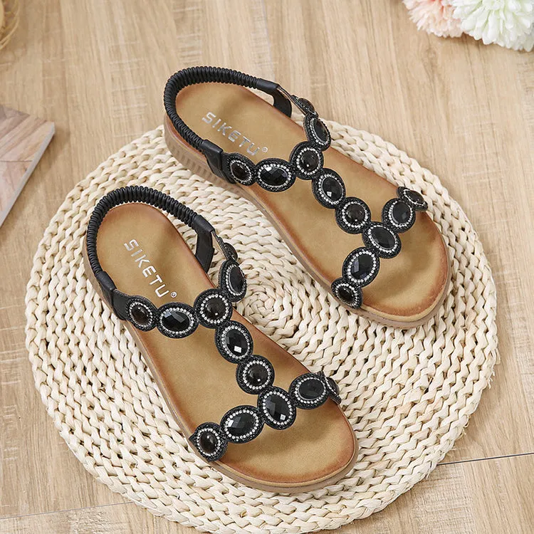 vanccy  Sandals Bohemian Rhinestone Comfortable  Holiday Shoes BS01