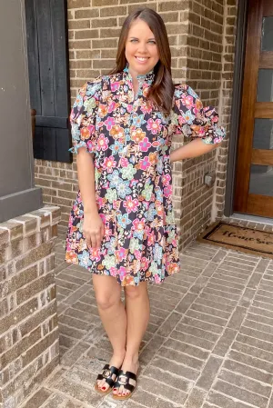 Vivid Bliss Floral Print Black Dress