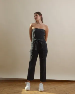 Washed Black Strapless Cargo Jumpsuit with Pockets